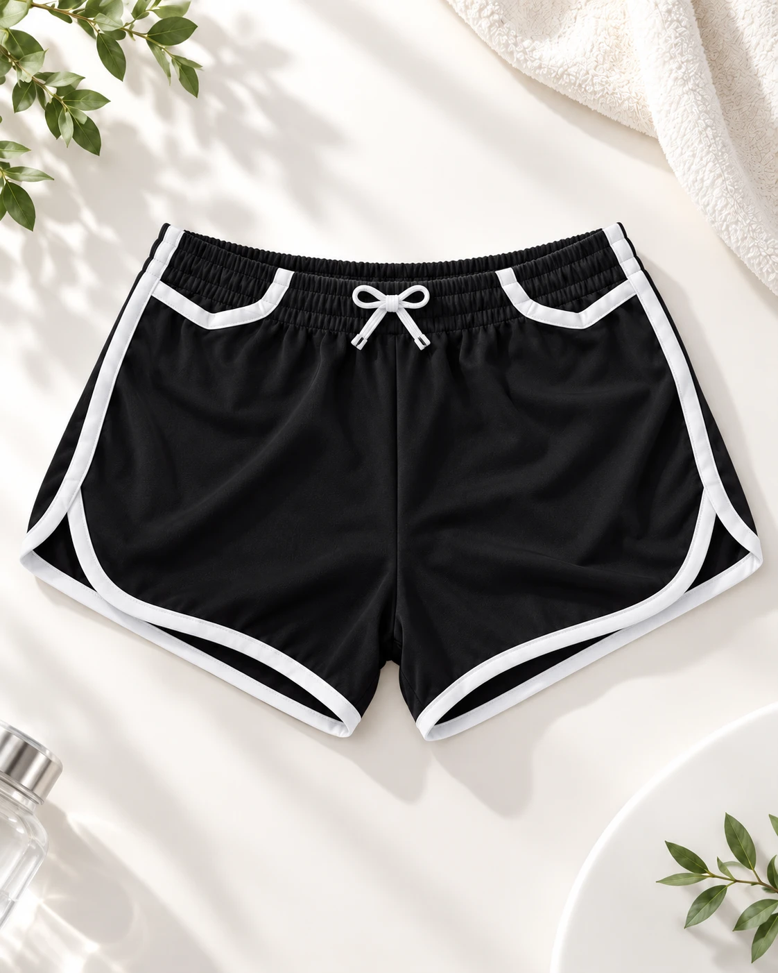 Quần short đùi màu đen viền trắng, dây rút lưng thun