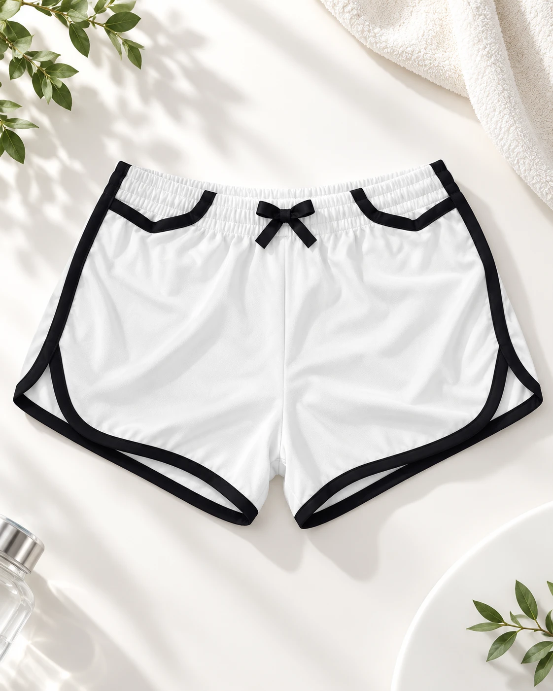 Quần short đùi màu trắng viền đen, lưng thun nơ nhỏ
