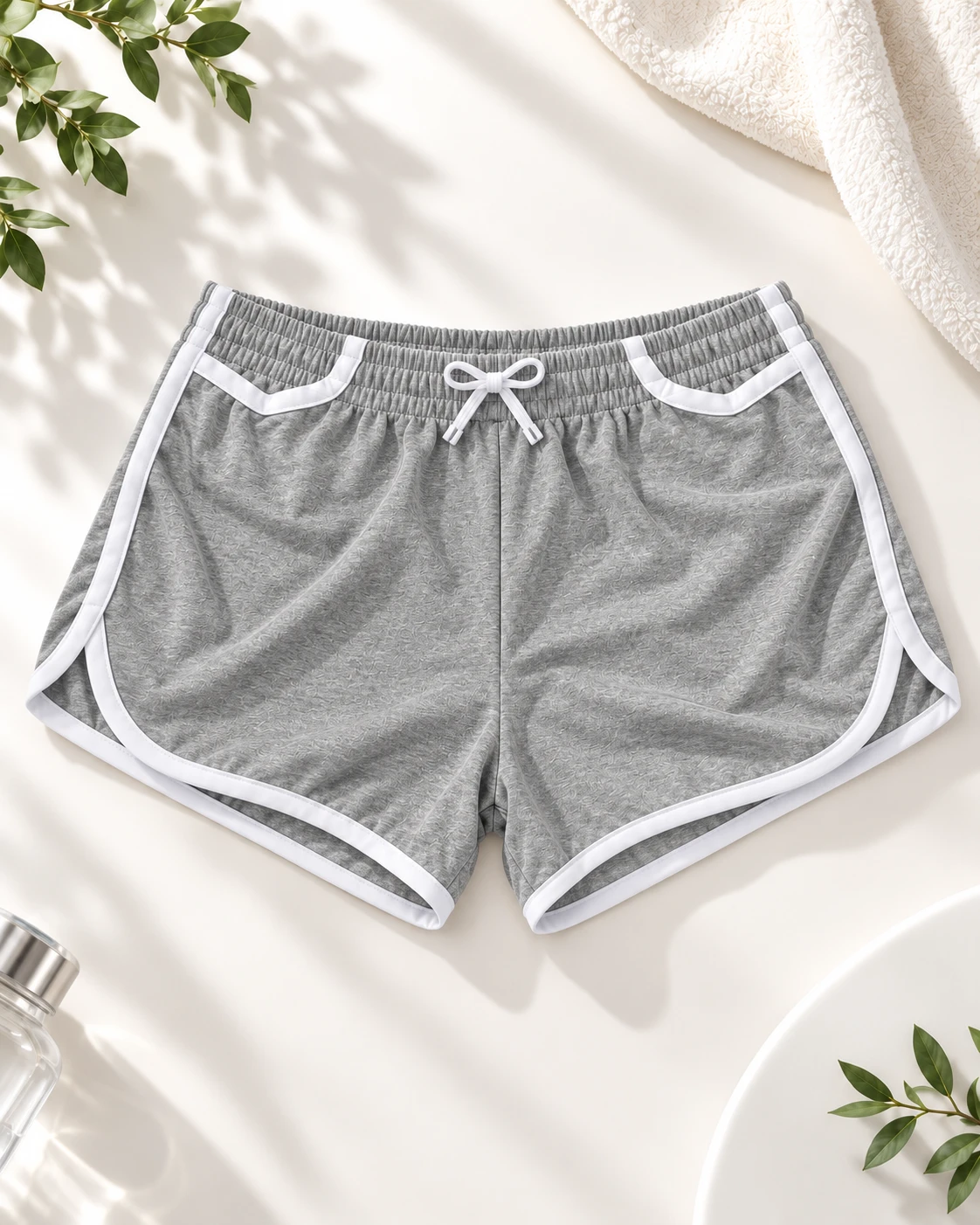 Quần short đùi màu xám viền trắng, dây rút lưng thun